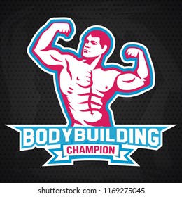 Bodybuilding, powerlifting, kettlebell, workout, fitness logo template. Gym club logotype. Bodybuilder Sportsman Fitness Model Illustration Sign Symbol badge