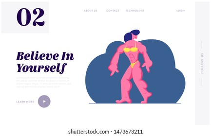Bodybuilding Presentation on Scene Website Landing Page. Bodybuilder Woman with Huge Muscles and Sportive Athletic Body Performing on Competition Web Page. Cartoon Flat Vector Illustration, Banner