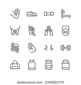 bodybuilding related premium icon set. Vector elements with editable stroke. Isolated on a white background