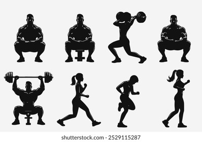 Bodybuilding silhouettes. Vector silhouettes man and women, illustration.