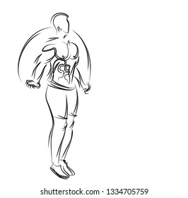 Bodybuilding Sport and activity athlete skipping rope line art drawing, Vector Illustration.