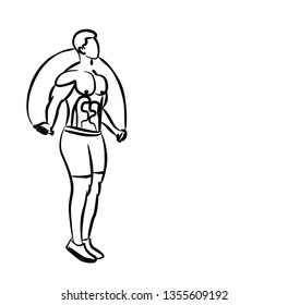 Bodybuilding Sport and activity athlete skipping rope line art drawing, Vector Illustration.