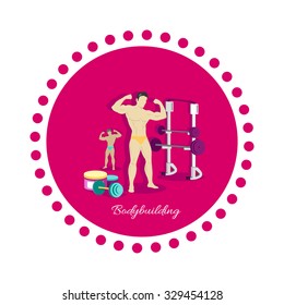 Bodybuilding sport concept icon flat design. Fitness and gym, weight and muscle, body bodybuilder, strong power strength athletic, training and dumbbell, athlete healthy illustration
