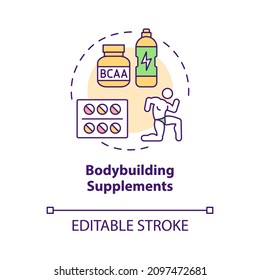 Bodybuilding supplements concept icon. Fitness nutrition for athletes abstract idea thin line illustration. Isolated outline drawing. Editable stroke. Roboto-Medium, Myriad Pro-Bold fonts used