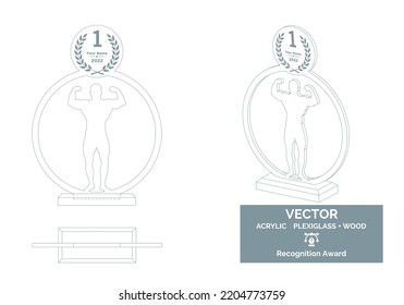Bodybuilding trophy vector template, Muscle contest trophy template, Bodybuilder championship recognition award