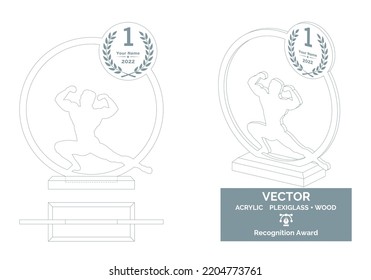 Bodybuilding trophy vector template, Muscle contest trophy template, Bodybuilder championship recognition award