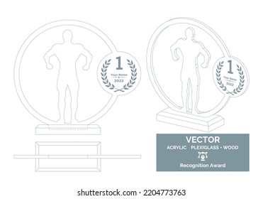 Plantilla de vector de trofeo de construcción de cuerpos, plantilla de trofeo de concurso muscular, premio de reconocimiento de campeonato Bodybuilder