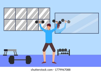 Bodybuilding vector concept: man lifting barbells in a gym