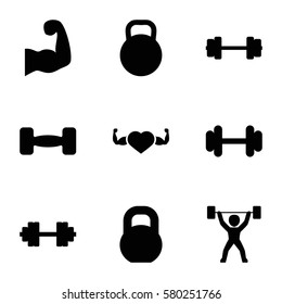 bodybuilding vector icons. Set of 9 bodybuilding filled icons such as barbell, heart with muscles, kettle, muscular arm, power lifter