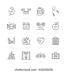 bodybuilding vector line icons, minimal pictogram design, editable stroke for any resolution, fitness gym concept