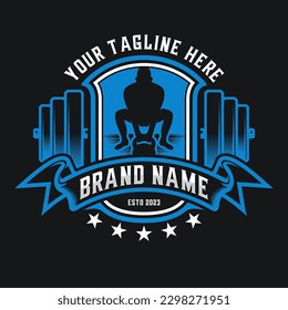bodybuilding vector logo design. with strongman barbell and kettlebell icon, for fitness sport