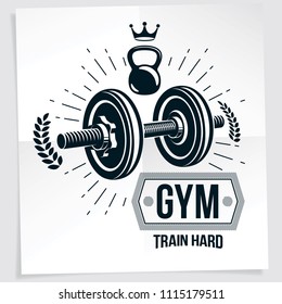 Bodybuilding vector motivation poster created with disc weight dumbbell, kettle-bell sport equipment and royal crown. Train hard lettering.