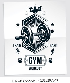 Bodybuilding vector motivation poster created with disc weight dumbbell, kettle-bell sport equipment and sportsman body silhouette. Train hard lettering.