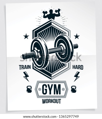 Bodybuilding vector motivation poster created with disc weight dumbbell, kettle-bell sport equipment and sportsman body silhouette. Train hard lettering.