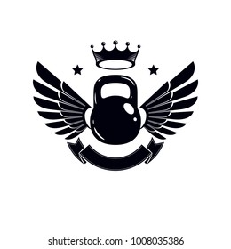 Bodybuilding weightlifting gym logotype sport template, retro style vector emblem with wings. With kettlebell.