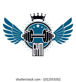 Bodybuilding weightlifting gym logotype sport club, vintage style vector emblem with wings.