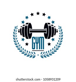 Bodybuilding weightlifting gym logotype sport template, retro style vector emblem. With barbell.