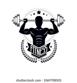 Bodybuilding weightlifting gym logotype sport template, retro stylized vector emblem or badge. With bodybuilder silhouette.