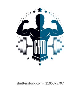 Bodybuilding weightlifting gym logotype sport club, retro style vector emblem. With sportsman silhouette.