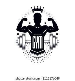 Bodybuilding weightlifting gym logotype sport template, retro stylized vector emblem or badge. With bodybuilder silhouette.