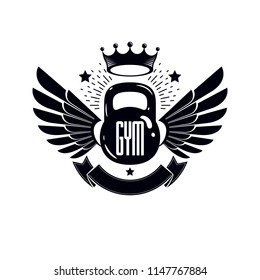 Bodybuilding weightlifting gym logotype sport template, retro style vector emblem with wings. With kettlebell.