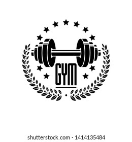 Bodybuilding weightlifting gym logotype sport template, retro style vector emblem. With barbell.