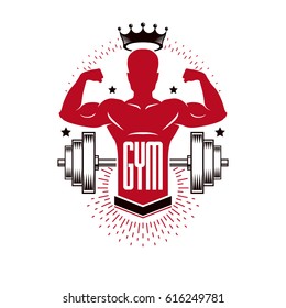 Bodybuilding weightlifting gym logotype sport template, vintage style vector emblem. With bodybuilder silhouette.