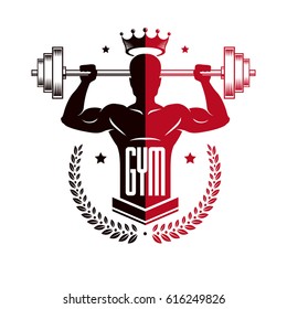Bodybuilding weightlifting gym logotype sport template, vintage style vector emblem. With bodybuilder silhouette.