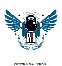 Bodybuilding weightlifting gym logotype sport template, retro style vector emblem with wings. With kettlebell.