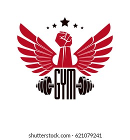 Bodybuilding weightlifting gym logotype sport club, retro stylized vector emblem or badge with wings. With barbell and strong hand fist.