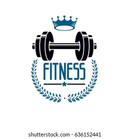 Bodybuilding weightlifting gym logotype sport template, retro style vector emblem. With barbell.