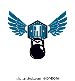 Bodybuilding weightlifting gym logotype sport club, vintage style vector emblem with wings With kettlebell.