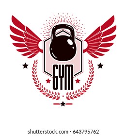 Bodybuilding weightlifting gym logotype sport template, vintage style vector emblem with wings. With kettlebell.