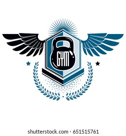 Bodybuilding weightlifting gym logotype sport template, retro style vector emblem with wings. With kettlebell.