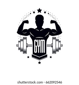 Bodybuilding weightlifting gym logotype sport template, retro stylized vector emblem or badge. With bodybuilder silhouette.
