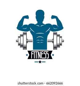 Bodybuilding weightlifting gym logotype sport club, retro style vector emblem. With sportsman silhouette.
