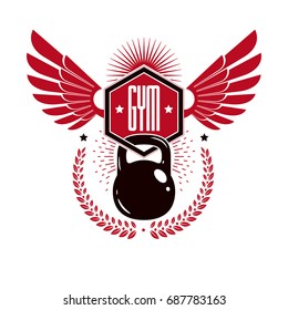 Bodybuilding weightlifting gym logotype sport template, vintage style vector emblem with wings. With kettlebell.
