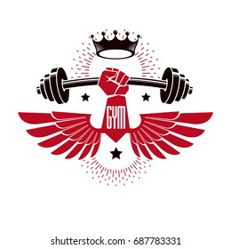 Bodybuilding weightlifting gym logotype sport club, retro stylized vector emblem or badge with wings. With barbell and strong hand fist.