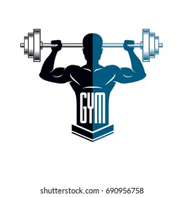 Bodybuilding weightlifting gym logotype sport club, retro style vector emblem. With sportsman silhouette.