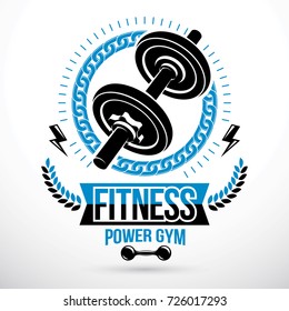 Bodybuilding weightlifting gym vector emblem sport club created using dumbbell sport equipment and lightning, symbol of strength.