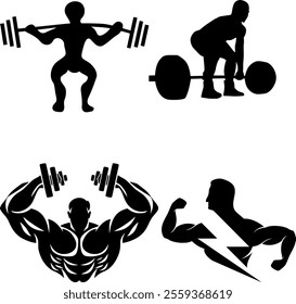 Bodybuilding and weightlifting silhouettes featuring muscular figures, barbells, and dumbbells. Perfect for gym logos, fitness programs, workout designs, personal training promotions, 