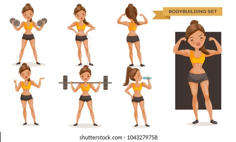 Bodybuilding Woman Set. Many Views Of Exercise. Front, Side, Rear,  Body With Muscles Of Beautiful Cartoon. Cute Girl In A Fitness Suit. Strong Lifestyle Concept, Vector Illustrations Isolated 