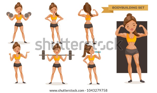 ボディービルの女性セット 運動に関する多くの考え方前 横 後 美しい漫画の筋肉を持つ体 フィットネススーツを着たかわいい 女の子 強いライフスタイルコンセプト ベクターイラスト のベクター画像素材 ロイヤリティフリー