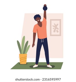 Bodybuilding workout. Sporty black man lifting weights. Joyful strong guy performing single arm front raise with kettlebell in room. Flat vector illustration