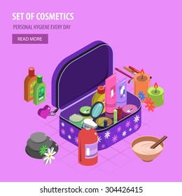 Bodycare bag isometric with fashion and cosmetic accessory set vector illustration