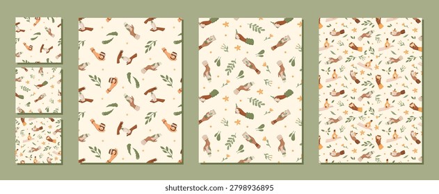Bodycare theme seamless pattern with hand, skin and beauty product on soft cream background set. Organic skincare set as flat body care concept with natural cosmetic element and green tone, ideal for