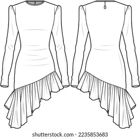 Bodycon Dress With frilled hem party dress Front and Back View. Fashion Illustration, Vector, CAD, Technical Drawing, Flat Drawing, Template, Mockup.	