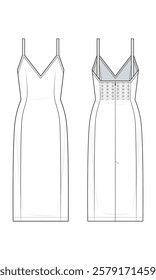 Bodycon Midi Slip Dress Technical Fashion Illustration. Elegant Dress With Spaghetti Strap and Smocked Back details Vector Template. Fitted Silhouette. Front and Back View. Chic Womenswear. CAD mockup