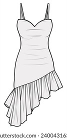 Bodycon Tight Fit Asymmetric Strap Dress with Frill Hem  Fashion Flat Sketch Vector Illustration, CAD, Technical Drawing, Flat Drawing, Template, Mock