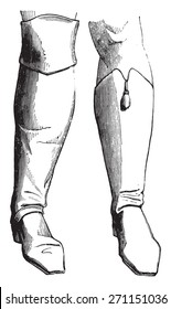 Bodyguard boot (1786), a hussar boot-Chamboran (1795), vintage engraved illustration. Industrial encyclopedia E.-O. Lami - 1875. 